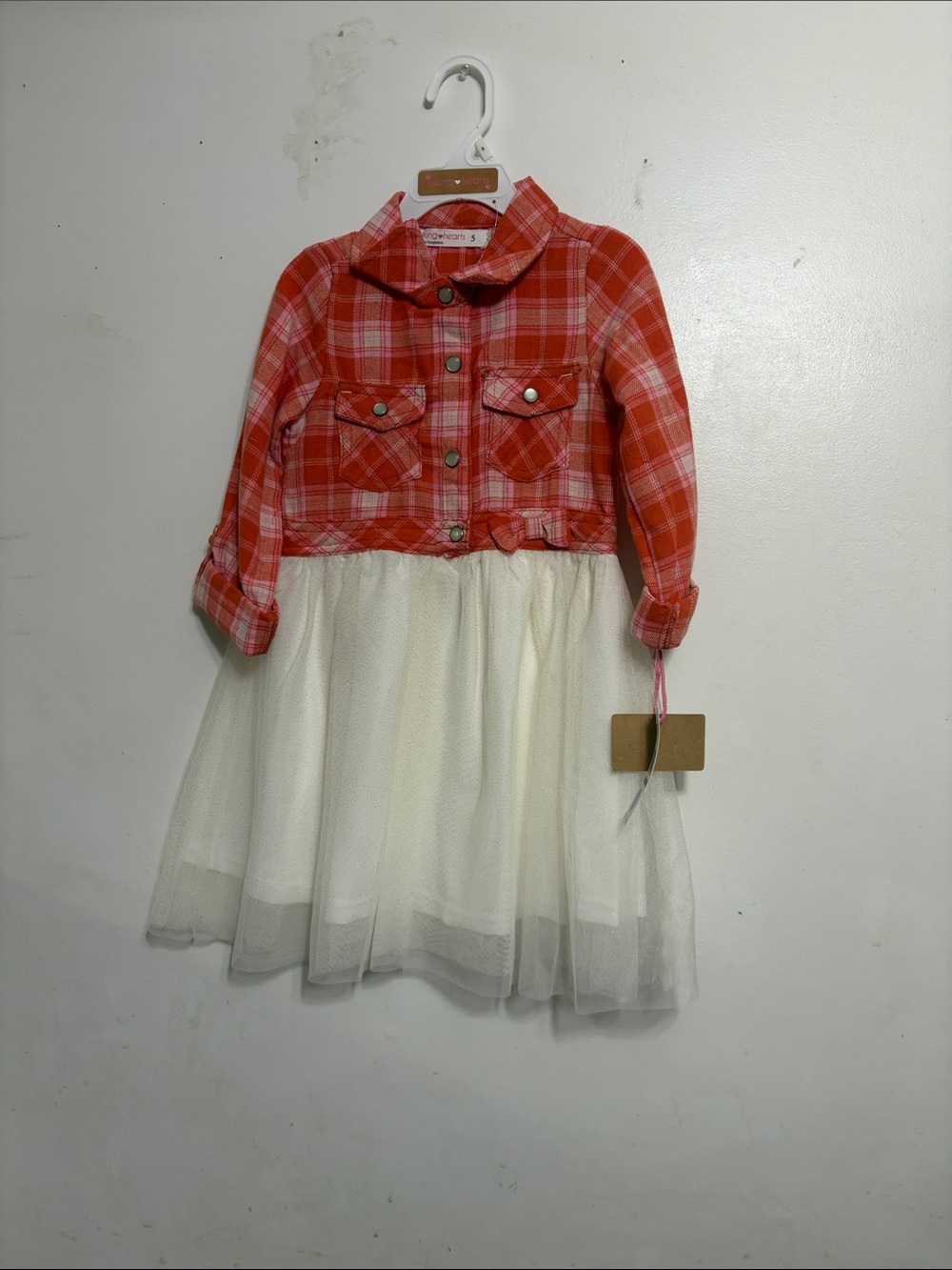 Girls' Red Plaid Top with Cream Tulle Skirt Dress